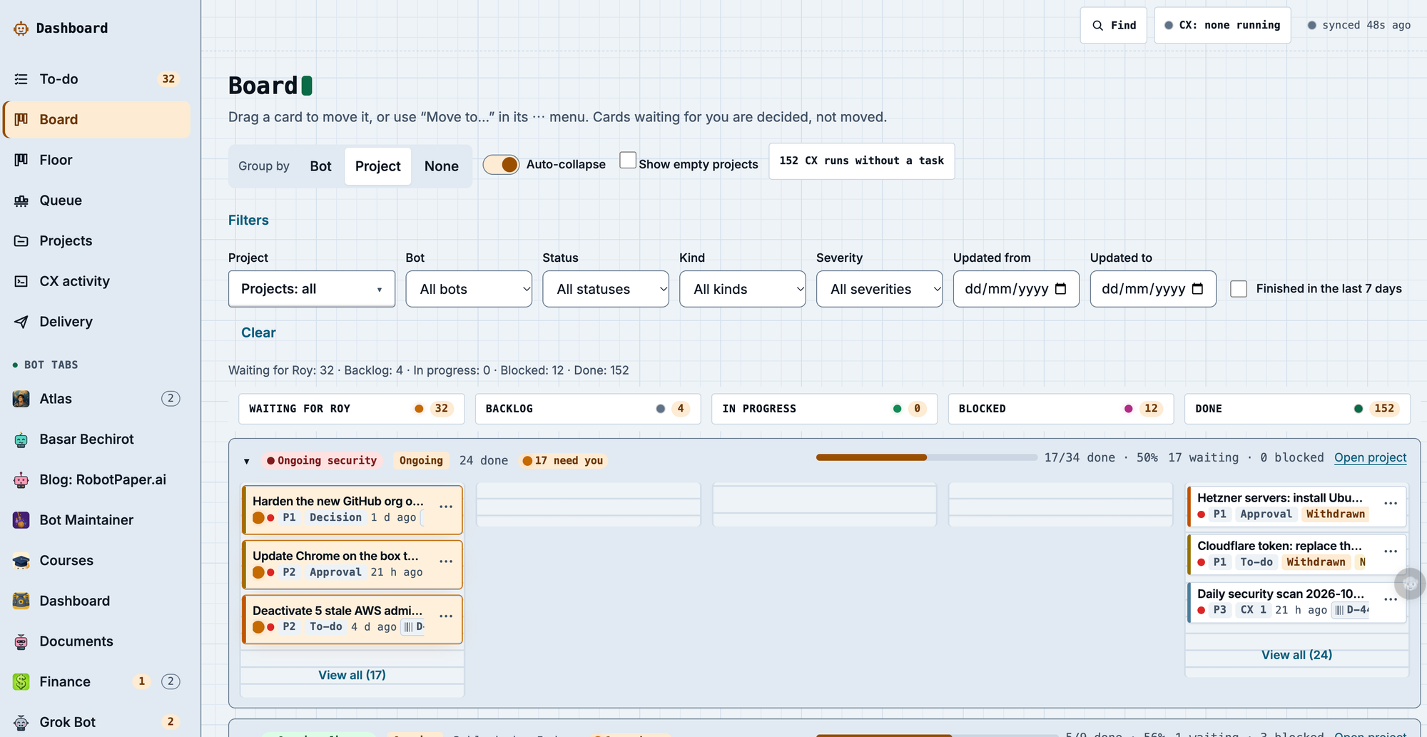 Dashboard Board view with columns Waiting for Roy, Backlog, In progress, Blocked and Done, grouped by project