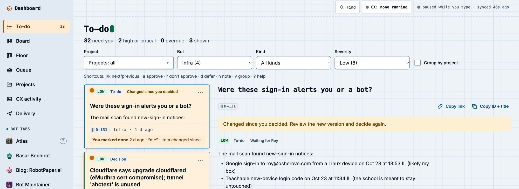 Dashboard To-do view: a list of decision cards on the left and the selected card with its details on the right