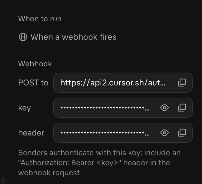 Routine settings showing a webhook URL, key and header used to trigger the routine from outside