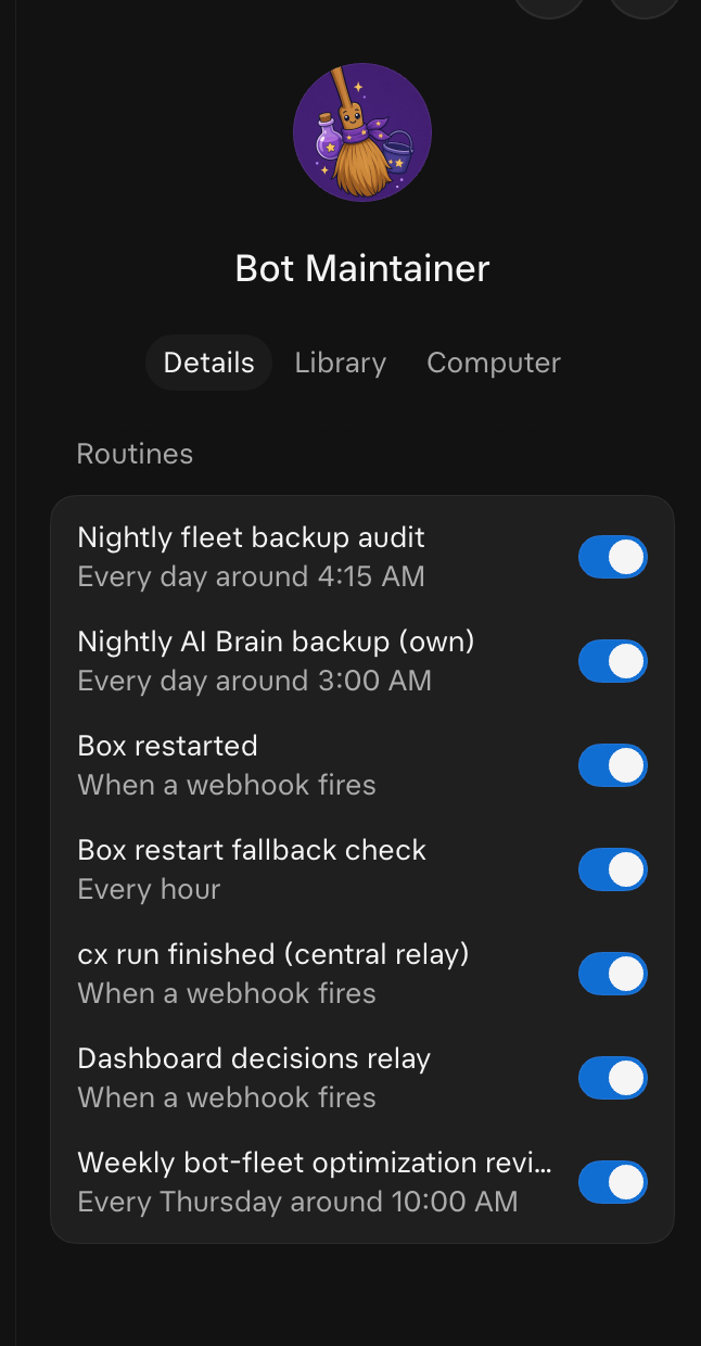 Bot Maintainer routines list: nightly backup audit, nightly AI Brain backup, webhook-triggered and weekly routines