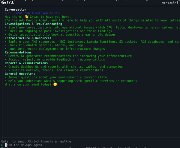 opstalk - a cli to talk to AWS DevOps Agent